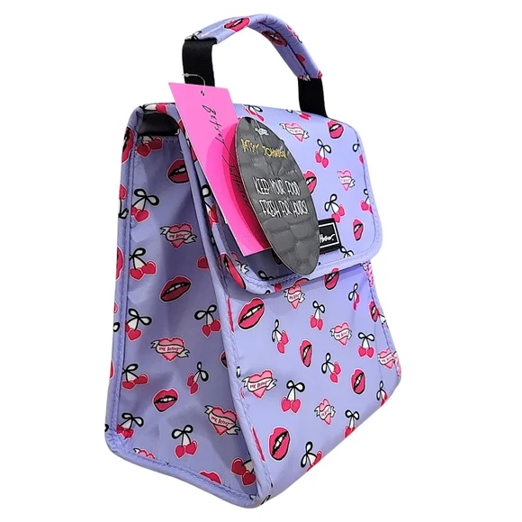 Betsey Johnson Insulated Lunch Tote Lavender Cherry Lip Print XOX Betsey Hearts - Picture 10 of 10